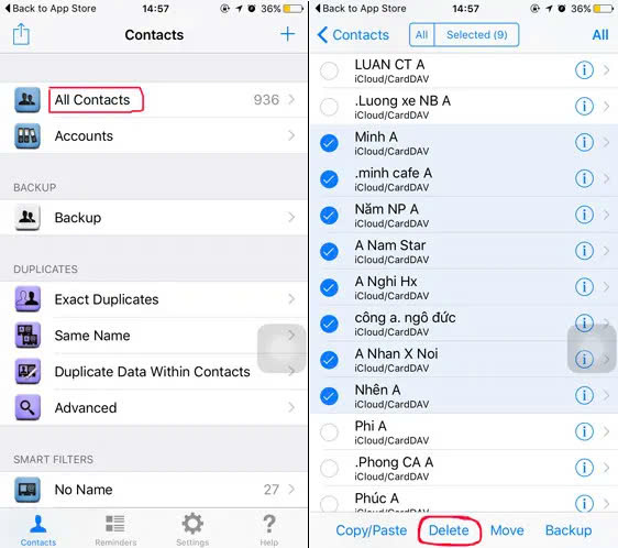 Xóa danh bạ trên iPhone bằng ứng dụng Delete Contact bước 2
